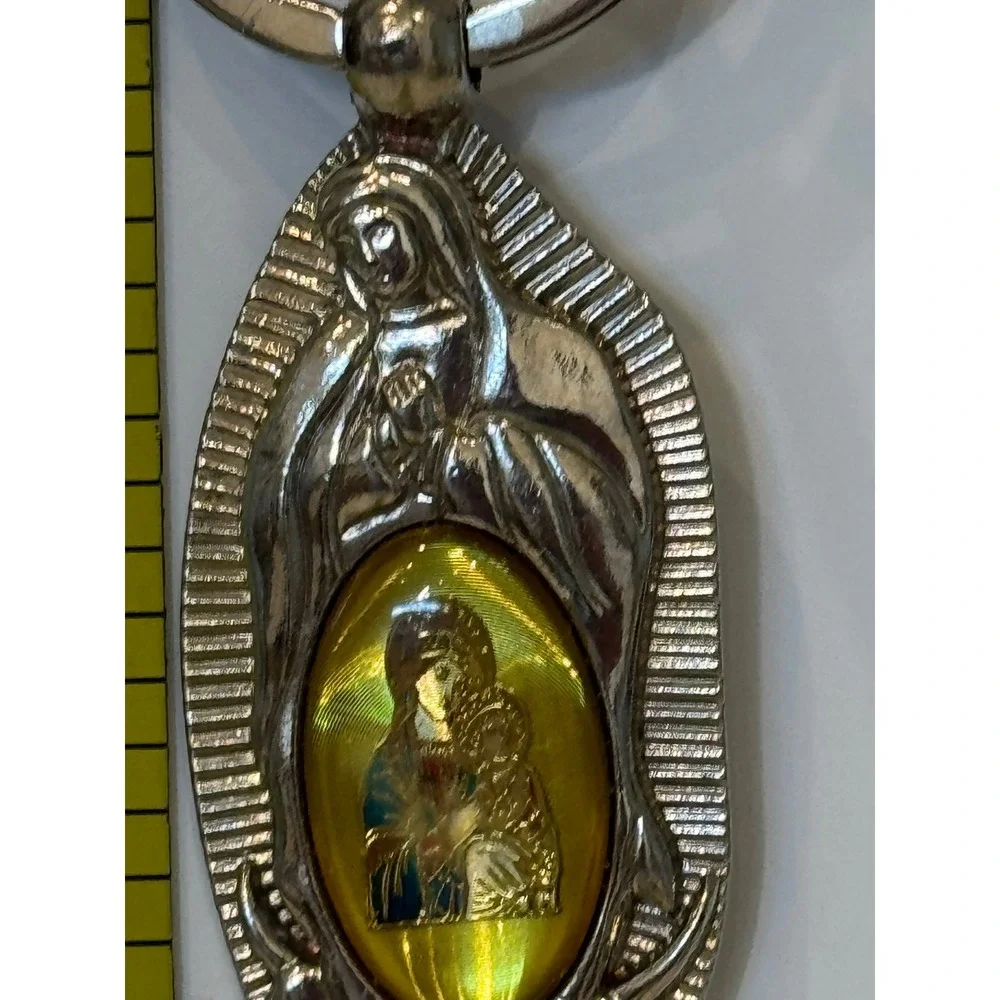 Our Lady of Guadalupe Religious Keychain Silver Tone Yellow Holographic Image